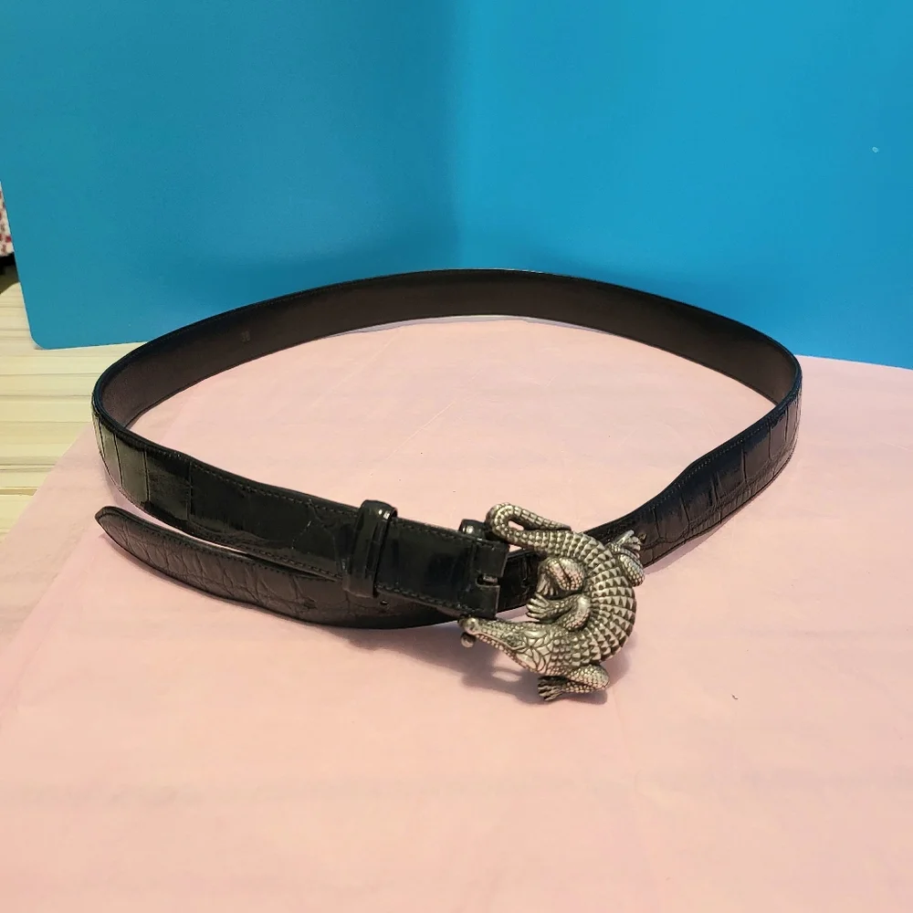 RARE! Barry Kieselstein-Cord Art SS Alligator Buckle & Belt Black Sz 38 Unisex